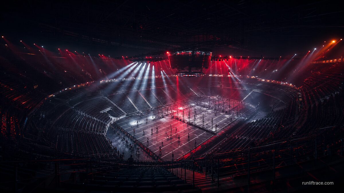 Vast indoor stadium hosting a fitness race