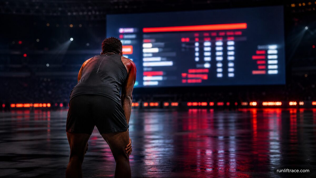 Athlete checking race results on a large arena screen